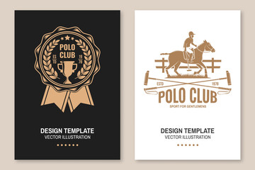 Set of Polo club sport badges, patches, emblems, logos. Vector illustration. Vintage monochrome equestrian label with rider and horse silhouettes. Concept for shirt or logo, print, stamp or tee.