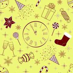 seamless pattern a group of New Year illustrations on a yellow background
