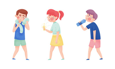 Young Sweating Man and Woman Suffering from Hot Summer Weather Drinking Water and Walking with Fan Vector Set