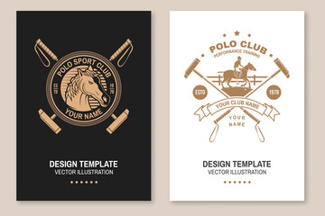 Set of Polo club sport badges, patches, emblems, logos. Vector illustration. Vintage monochrome equestrian label with rider and horse silhouettes. Concept for shirt or logo, print, stamp or tee.