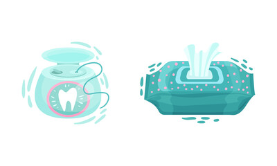 Dental Floss and Open Package with Wet Wipe and Tissue Vector Set