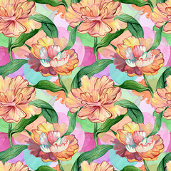 Seamless watercolor floral pattern - green leaves and colorful peony composition on colorful background
