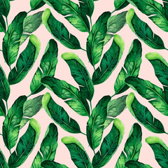 Seamless watercolor floral pattern - green leaves and branches composition on pink background, Tropical fresh leaves