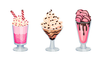 Frozen Dessert with Sweet Flavor and Cream in Glass Jar Vector Set