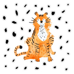 Tigers on a dotted background. Tiger watercolour drawings. the year of Tiger 2022.