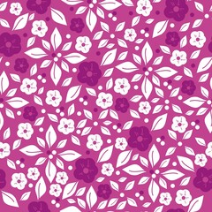 Fototapeta premium Beautiful vintage floral pattern. Purple and white flowers and leaves. fuchsia background. Floral seamless background. An elegant template for fashionable prints.