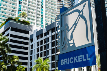 Cityscape sign view in the downtown Brickell district in Miami