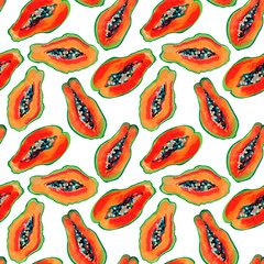 Watercolor seamless pattern with juicy papaya on white background.