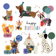 set of isolated cute funny dogs for birthday