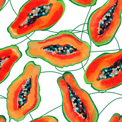Watercolor seamless pattern with juicy papaya on white background.