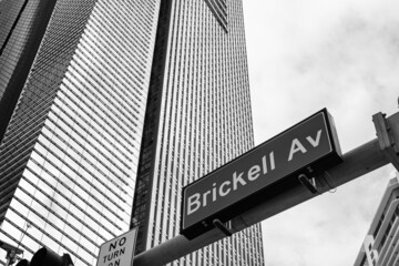 Cityscape sign view in the downtown Brickell district in Miami