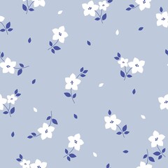 Beautiful vintage floral pattern. White flowers, blue leaves. Light blue background. Floral seamless background. An elegant template for fashionable prints.