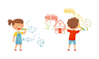 Cute Boy and Girl with Crayon Drawing Fish and House on the Wall Vector Set