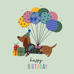 birthday card with funny dachshund and gifts - 478173229