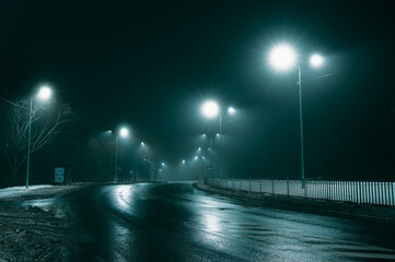 Night street at night in fog, winter