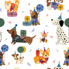  birthday seamless pattern with nice funny dogs and gifts - 478173289