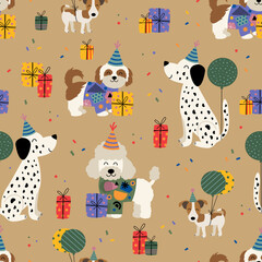  birthday seamless pattern with  fun dogs and gifts