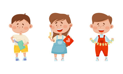 Smiling Boy and Girl with Scissors Cutting Paper for Applique and Craft Activity Vector Set