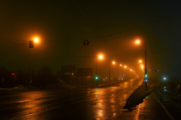 Night city road in fog, winter