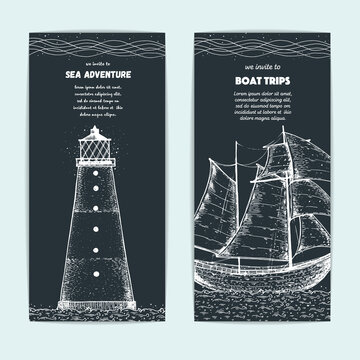 Hand drawn nautical banner set. Sketch illustration. Sailboat and lighthouse sketch illustration. Sea set.