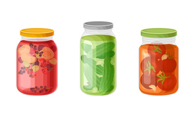 Closed Glass Jar with Preserved Food in Marinade Vector Set