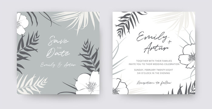 Monochrome gray, white wedding invite, save the date card set. Hand drawn tropical palm leaves, cute camellia flowers decorative border, frame. Modern stylish design. Stylish botanical banner template