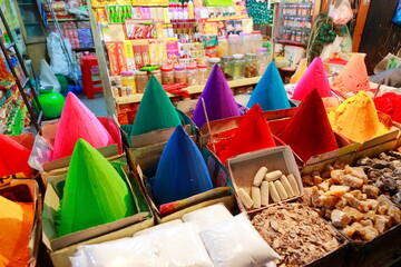 Dry colors for sale in shops during Holi festival in Pune, India.