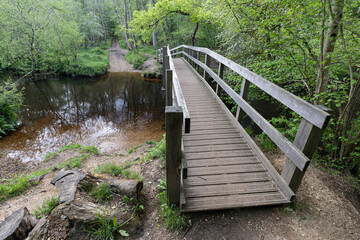 Wooden footbridge over a river and ford with distant path rising up a hill in the New Forest, Lymington, Hampshire, UK