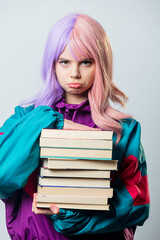 Beautiful yandere girl with purple hair and 80s tracksuit holds book on gray background