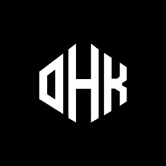 OHK letter logo design with polygon shape. OHK polygon and cube shape logo design. OHK hexagon vector logo template white and black colors. OHK monogram, business and real estate logo.