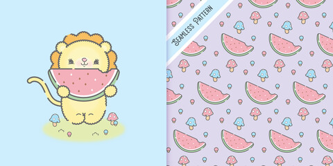 baby card with lion eating watermelon