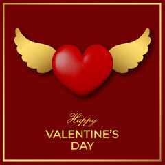 Happy Valentine's Day greeting card with big red 3d heart on gold background.