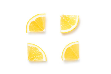 Fresh lemon slices isolated on a white background. Top view   