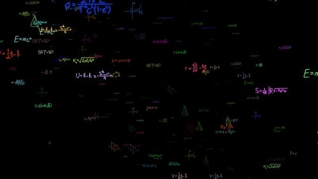 Camera flies Through matrix made up of Color Math and Equation. Handwritten geometrical figures, calculations and Mathematical analysis. Cognitive process concept. Seamless loop