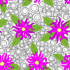 Colourful swirl pattern, pink flowers and green leaves, white background. Seamless floral pattern, vector.