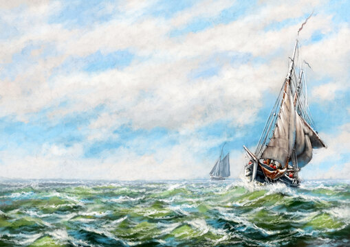 Oil paintings sea landscape, sailing boat on the sea