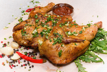 Grilled chicken with herbs and sauce..