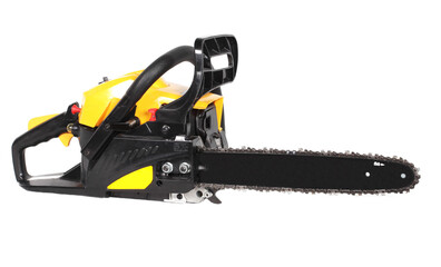 A petrol chainsaw isolated on a white background. A handy heavy duty yellow and black petrol...