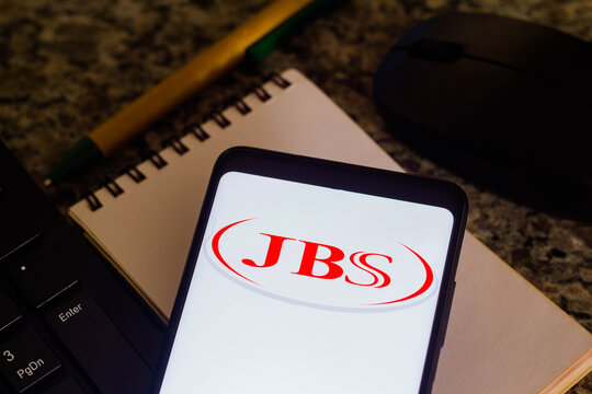 December 28, 2021, Brazil. In this photo illustration the JBS S.A. logo displayed on a smartphone.