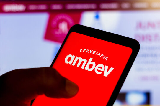 December 28, 2021, Brazil. In this photo illustration the Ambev logo displayed on a smartphone.