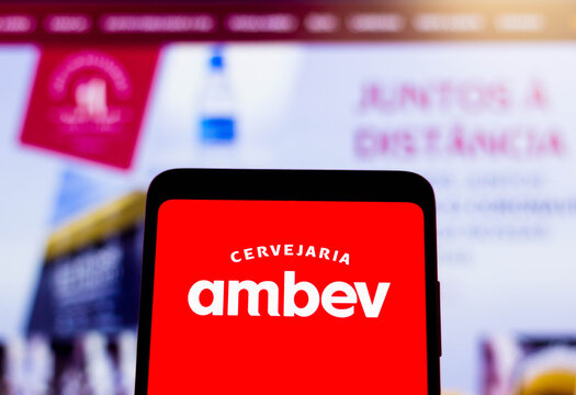 December 28, 2021, Brazil. In this photo illustration the Ambev logo displayed on a smartphone.