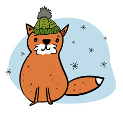 Sitting fox in a hat. Cute animal and snowflakes. Illustration in cartoon style