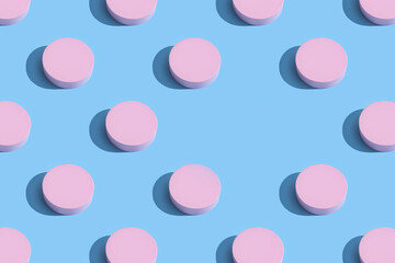 Pink podium on bright blue background. Concept scene stage showcase, for product, promotion, sale, banner, presentation product cosmetic. Minimal showcase mock up concept Pattern
