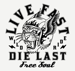Black and White Tiger with Helmet Illustration with A Slogan Artwork on White Background for Apparel or Other Uses