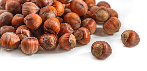 Hazelnuts in the shell. Round filbert, ripe fruit of a Corylus avellana hazel shrubs.