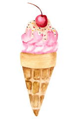 Ice cream illustration. Watercolor drawing of ice cream in a waffle skimmer with a cherry.