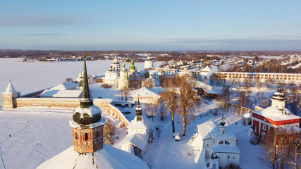 Wonderful winter landscape with a view of the ancient monastery, top view