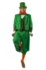 Leprechaun elf on St. Patrick's Day. Cheerful character Irish leprechaun for advertising with a red natural beard in a green suit and green hat for advertising. Cosplay at the festival on March 17th