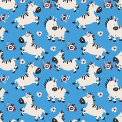 Seamless pattern with cute hand drawn zebras and flowers. Design for fabric, textile, wallpaper, packaging, decorating a nursery.