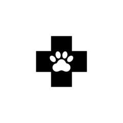 Paw Print Pet Health Care, Veterinary Clinic. Flat Vector Icon illustration. Simple black symbol on white background. Paw Print Pet Health Care sign design template for web and mobile UI element.